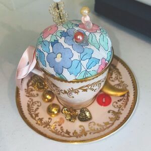 Vintage teacup pincushion aynsley numbered china cup w vintage buttons sewing